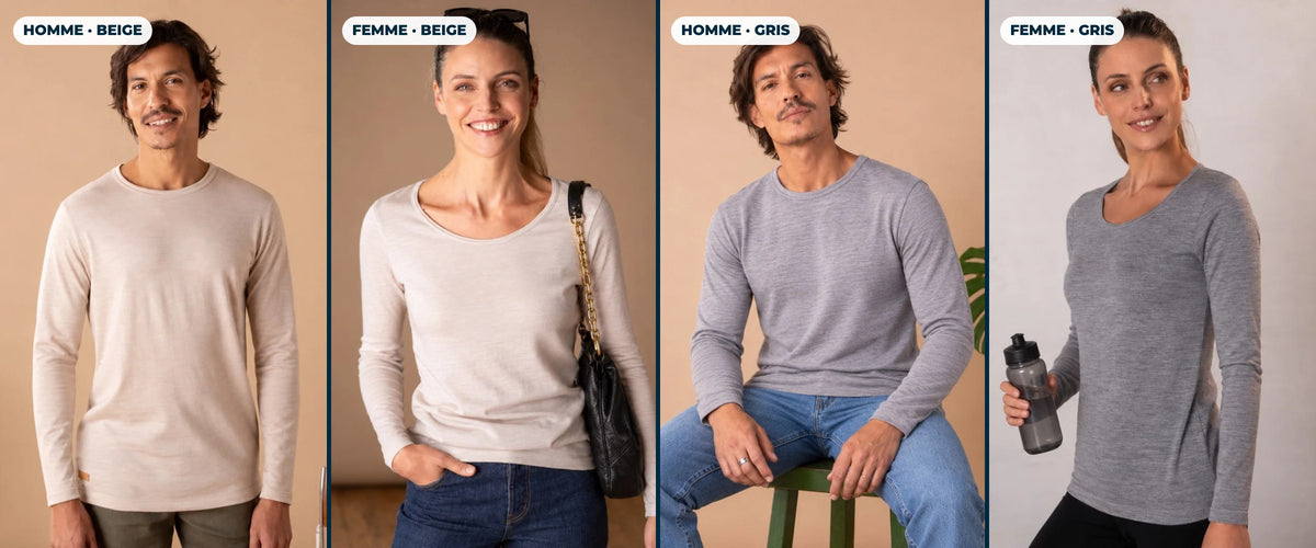 Le t-shirt en laine Mérinos manches longues, nouveaux coloris Beige et Gris