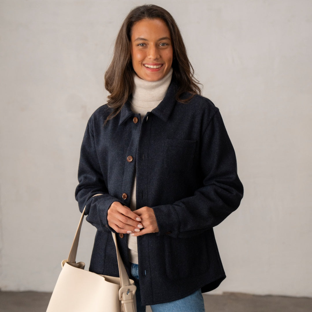 La veste en laine française bleu chiné