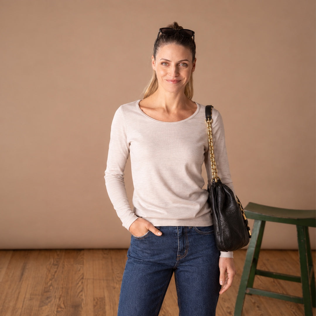 Le t-shirt en laine mérinos ML femme beige - vue 2