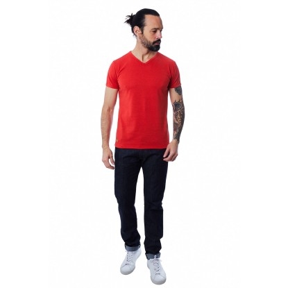 T-SHIRT HOMME MANCHE COURTE COL V ROUGE - Made in France & 100% Recyclé