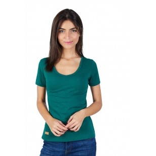 T-SHIRT FEMME MANCHE COURTE COL V VERT BOUTEILLE - Made in France & 100% Recyclé