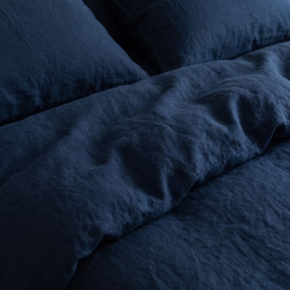 Parure de lit en coton bio et lin français - Bleu marine